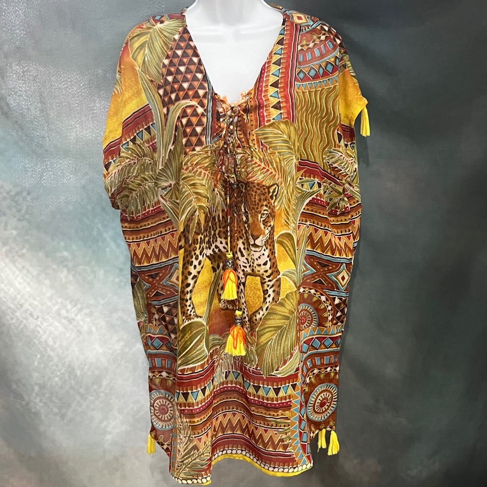 Violet Sky Womens‎ Small Leopard Tropical Tribal Print Kaftan Tassel Cover Up